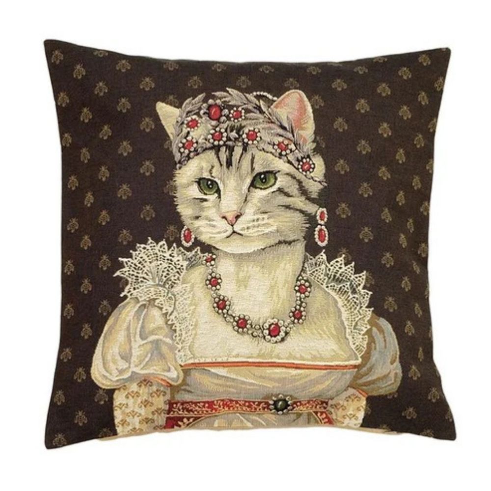 Gobelin Kissenhülle Katze mit Rubinschmuck