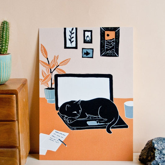 Poster schlafende Katze auf Laptop - A4 Poster