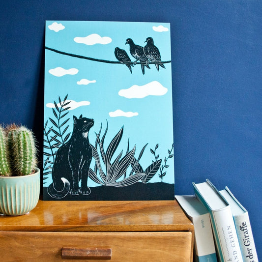 Poster Katze und Tauben - A4 Poster
