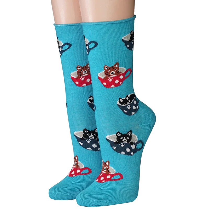 Socken Cats in Cups Hellblau Rollrand Baumwolle Socken