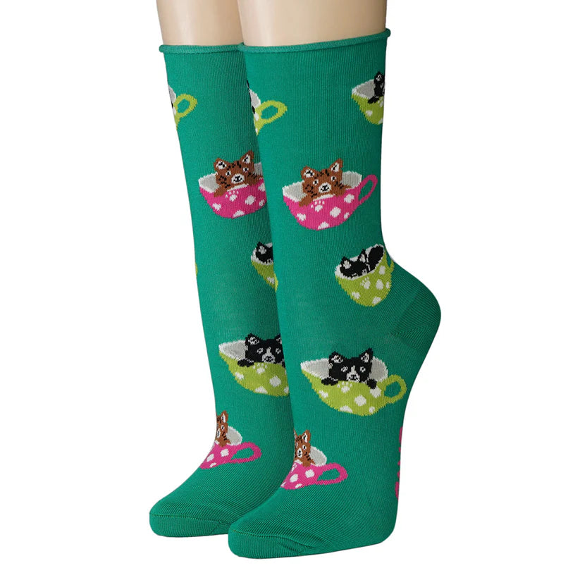 Socken Cats in Cups Grün Rollrand Baumwolle Damen Socken