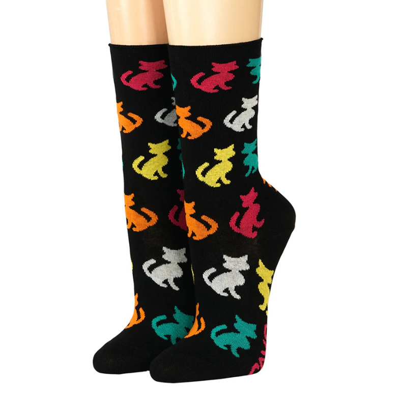 Socken mit bunten Katzen Schwarz Rollrand Baumwolle Socken