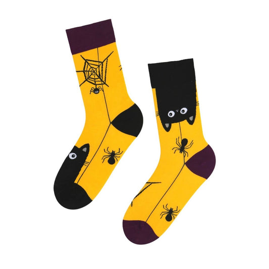 Halloween Socken mit schwarzer Katze und Spinnen - gelb