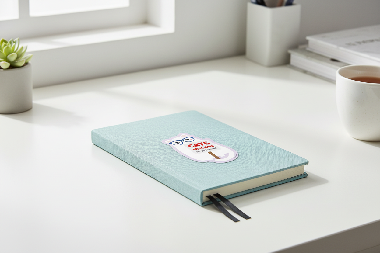 Sticker auf Notizbuch mit Produktfoto