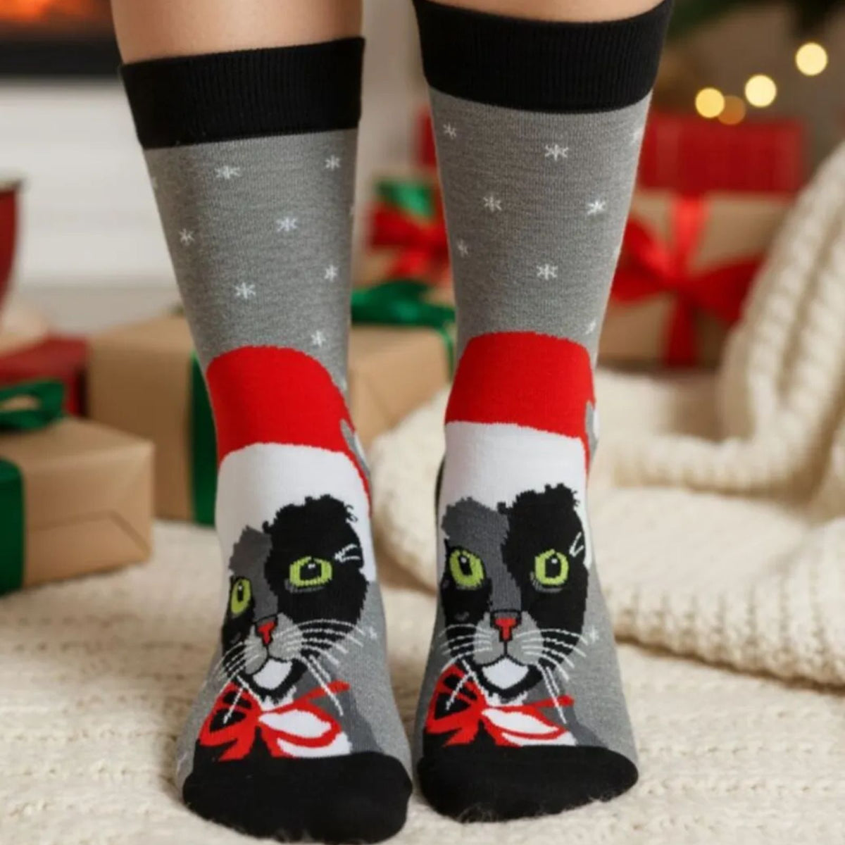 Weihnachtssocken aus Baumwolle mit Katzenmotiv - grau