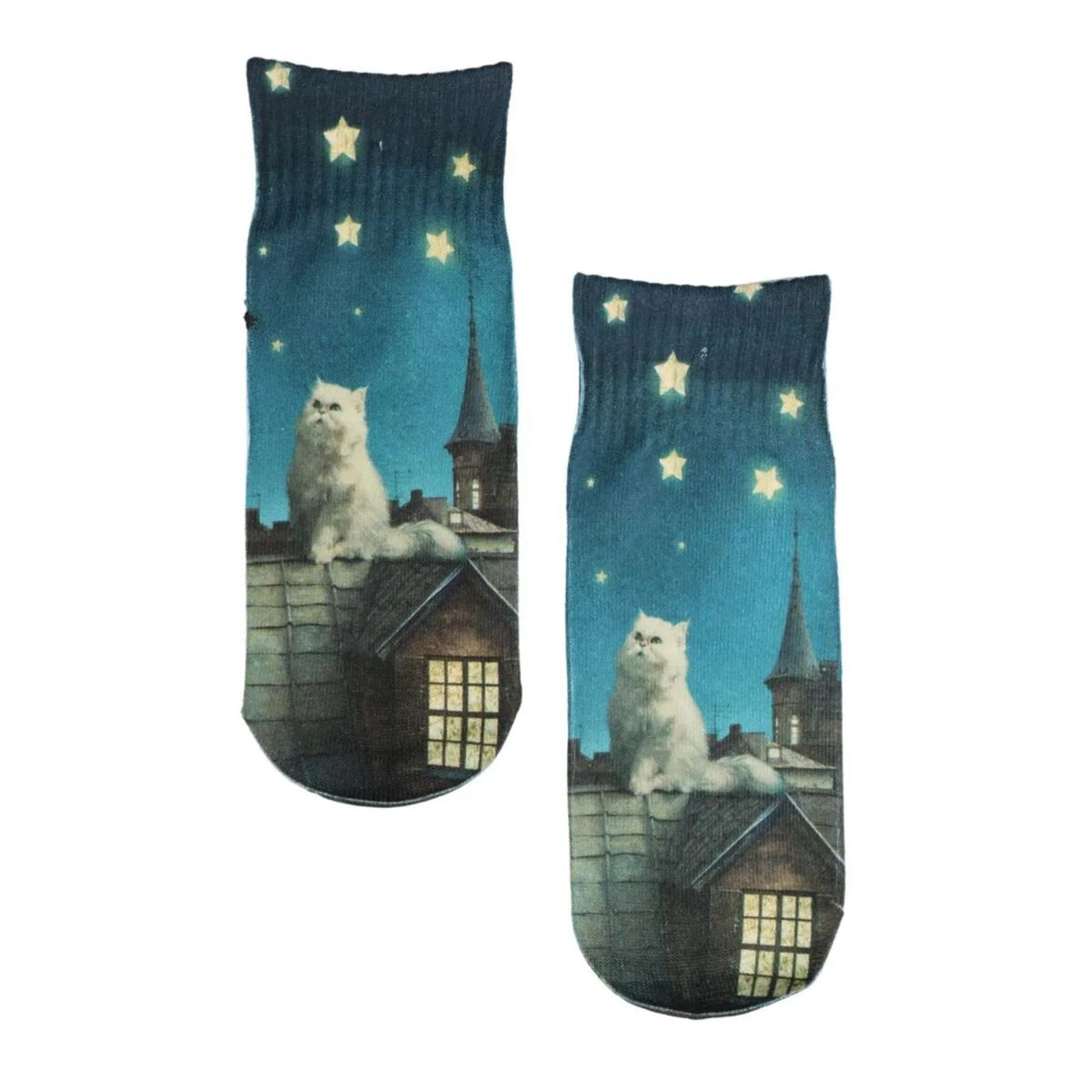 bedruckte Kindersocken mit Katze - weiße Katze auf dem Dach