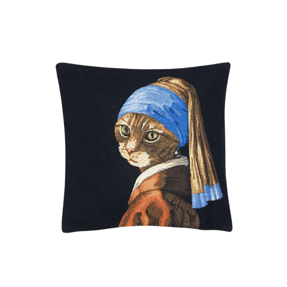 Gobelin Kissenhülle Katze mit Perlenohrring - Elegantes Katzen-Dekokissen 33 x 33