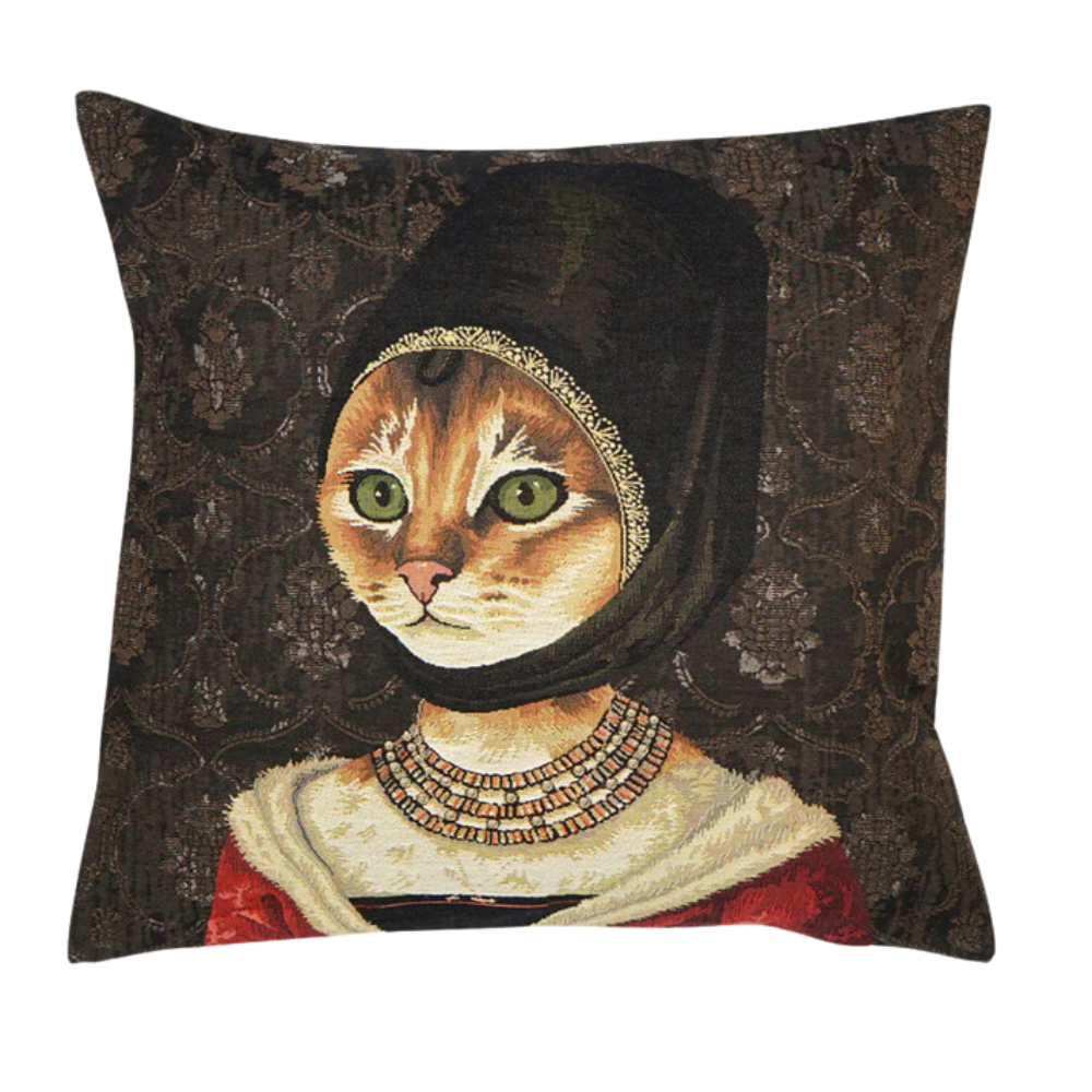 Gobelin Kissenhülle Rote Katze mit Hennin – Elegantes Katzen-Dekokissen