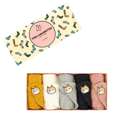 5er-Set Katzensocken mit gesticktem Katzengesicht