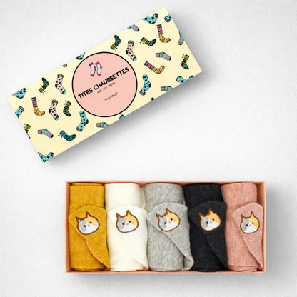 5er-Set Katzensocken mit gesticktem Katzengesicht