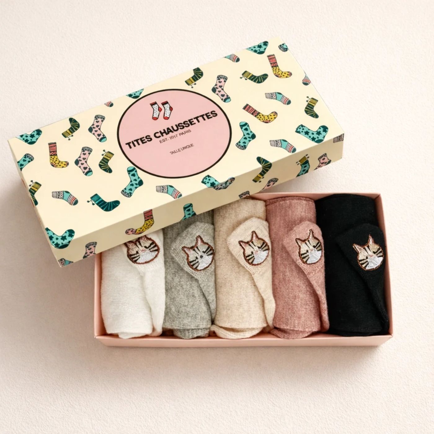 5er-Set Katzensocken mit getigerter Katze
