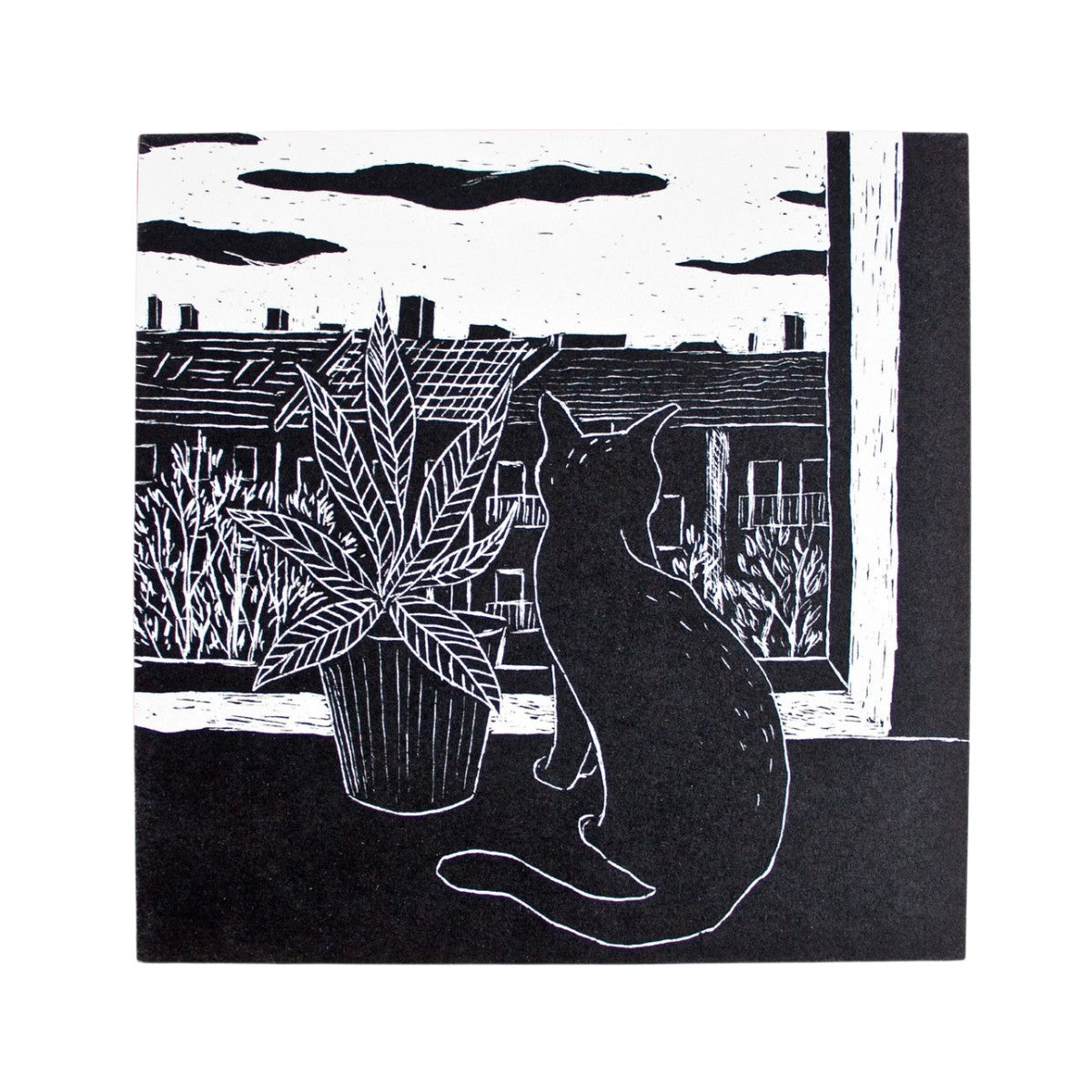 quadratische Postkarte Katze & Pflanze am Fenster Postkarte