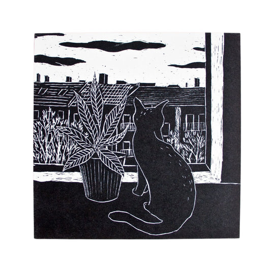 quadratische Postkarte Katze & Pflanze am Fenster Postkarte