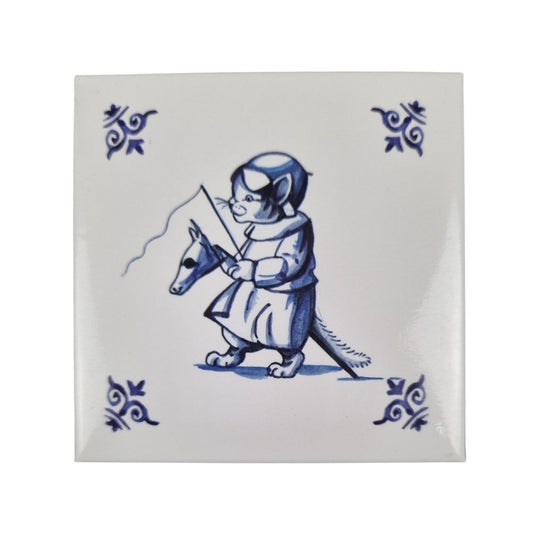 Kühlschrankmagnet Delfter Blau Design - Katze mit Reitpferd Magnet