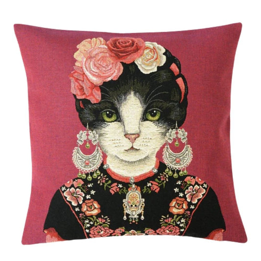 Gobelin Kissenhülle Katze mit Blumen & Ornamenten 45 × 45 cm
