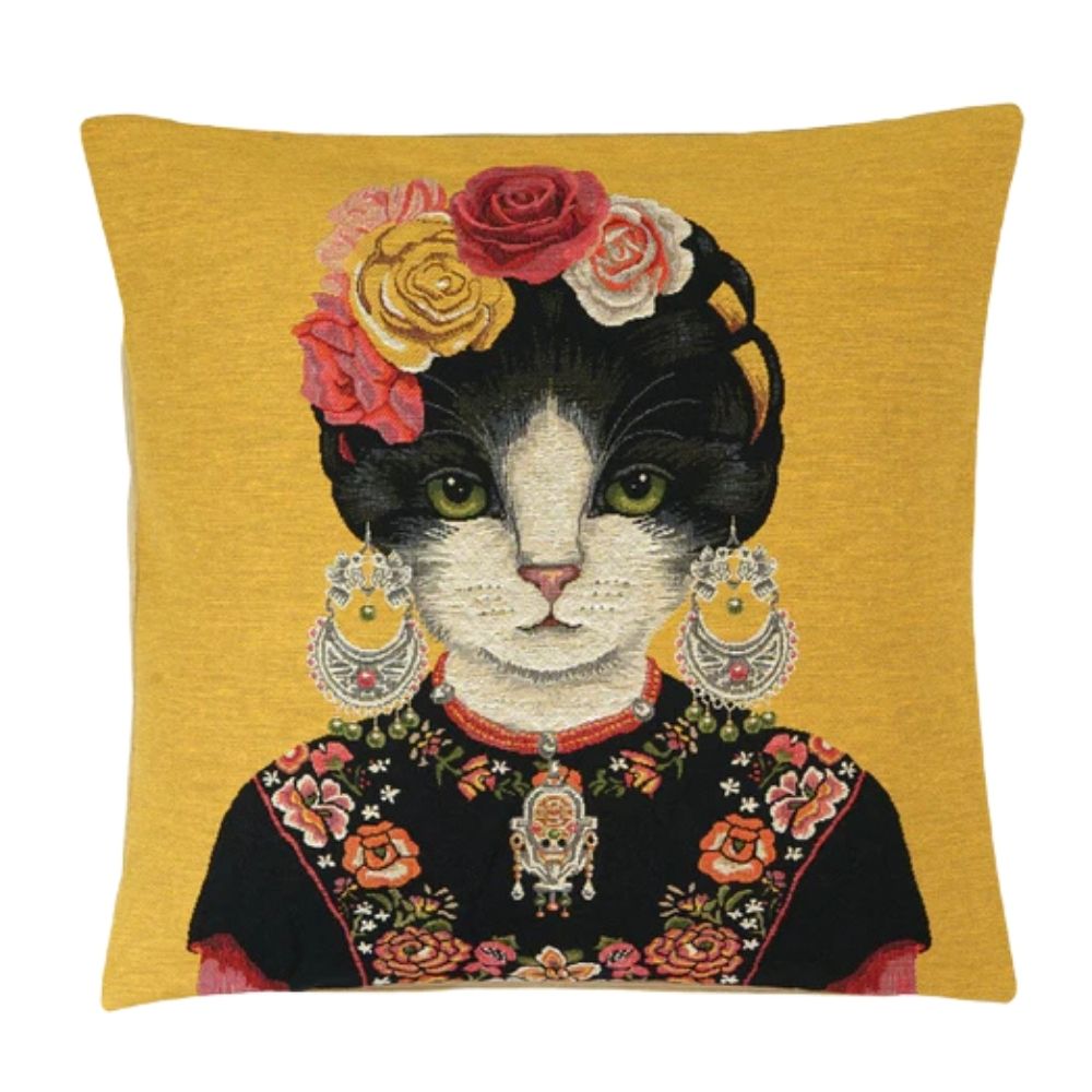 Gobelin Kissenhülle Katze mit Blumen & Ornamenten