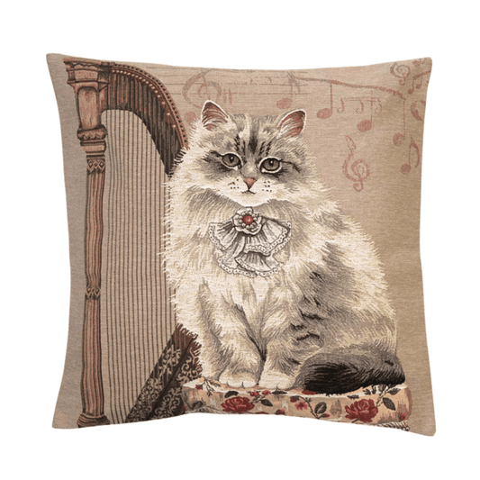 Gobelin Kissenhülle Katze mit Harfe – Musikalisches Katzen-Dekokissen