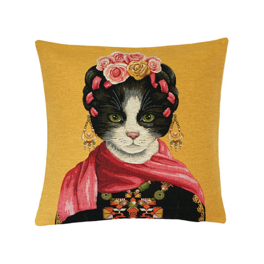 Kissenhülle Katze mit Blumenkrone - gelb