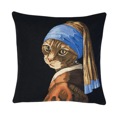 Gobelin Kissenhülle Katze mit Perlenohrring - Elegantes Katzen-Dekokissen 45 x45