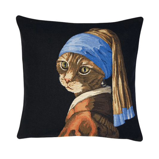 Gobelin Kissenhülle Katze mit Perlenohrring - Elegantes Katzen-Dekokissen 45 x45