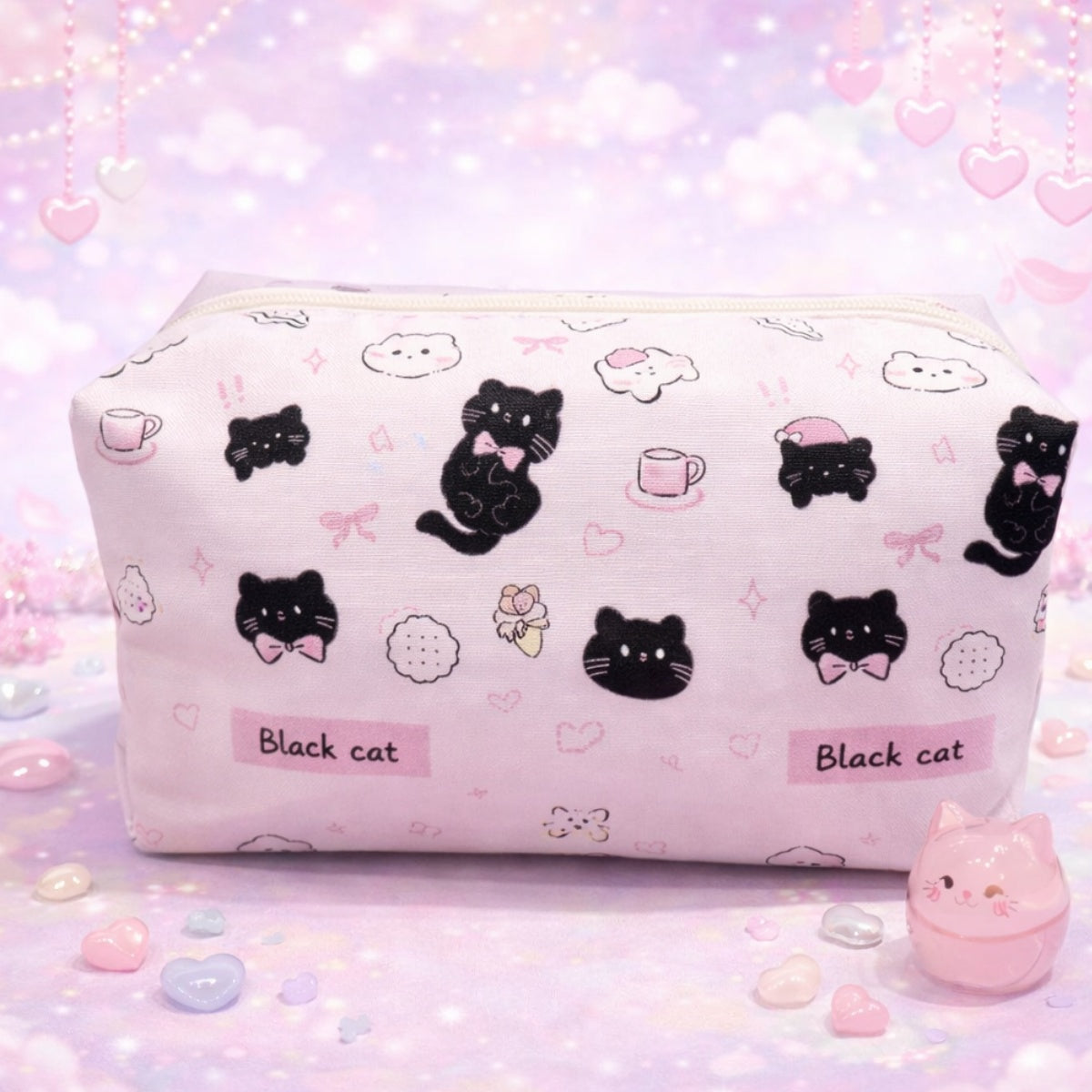 Pinker Kulturbeutel mit schwarzen Katzen - Black Cat