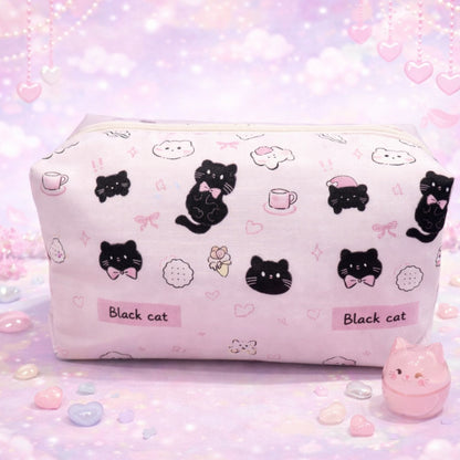 Pinker Kulturbeutel mit schwarzen Katzen - Black Cat