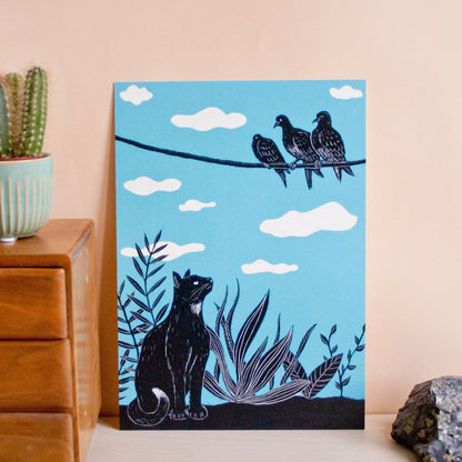 Poster Katze und Tauben - A4 Poster