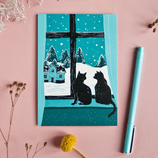 Postkarte Zwei Katzen am Fenster Postkarte