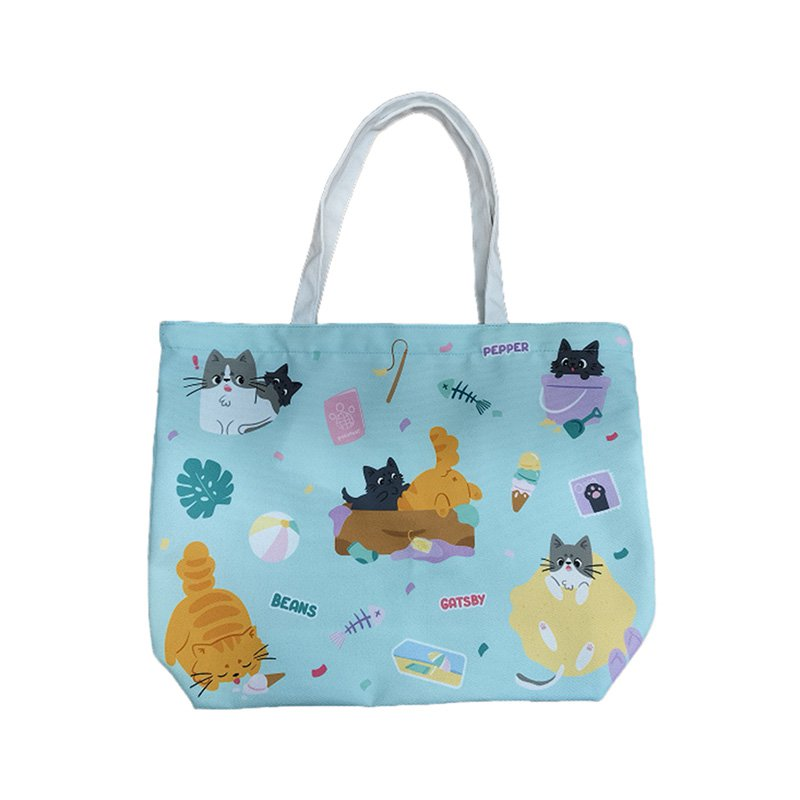 hellblaue Strandtasche mit Katzenprint Tragetasche