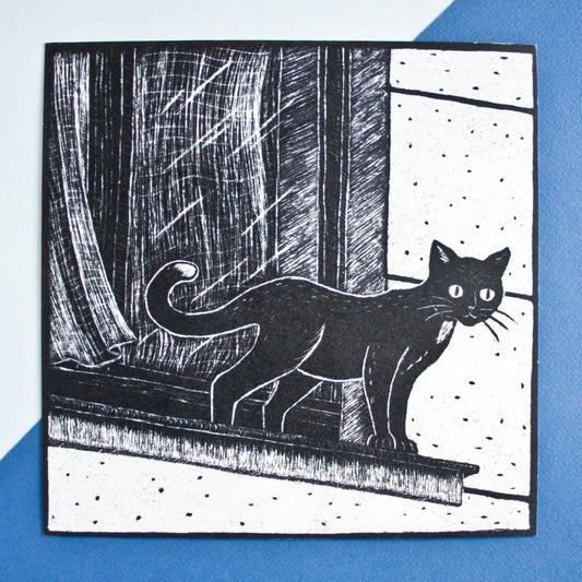 quadratische Postkarte Katze am Fenster Postkarte