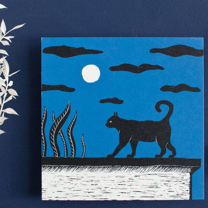quadratische Postkarte Katze bei Vollmond Postkarte