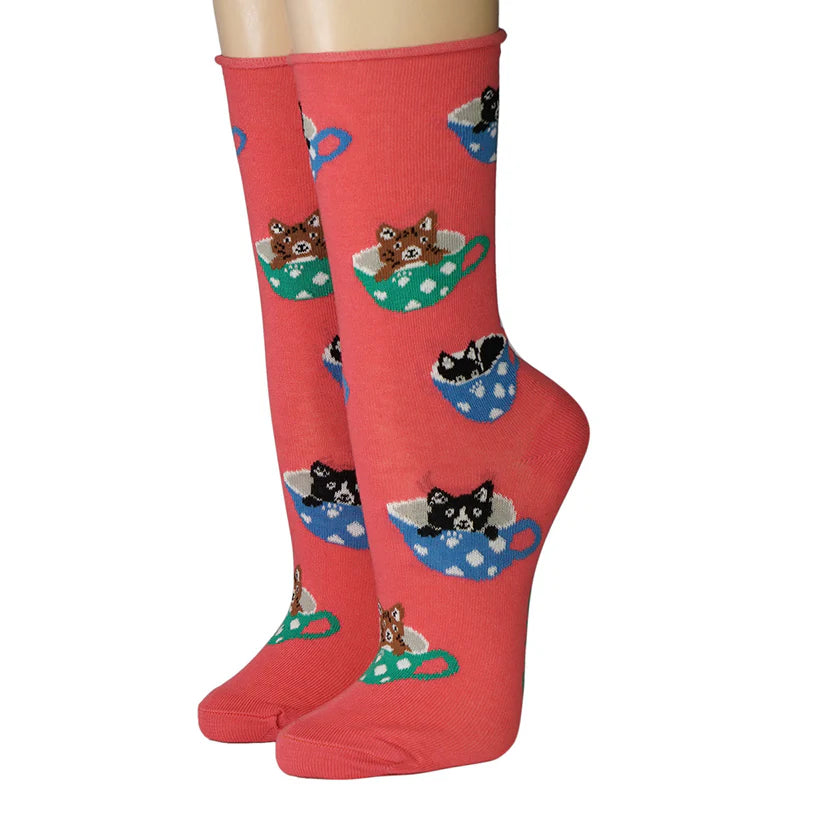 Socken Cats in Cups Koralle Rollrand Baumwolle Damen Socken