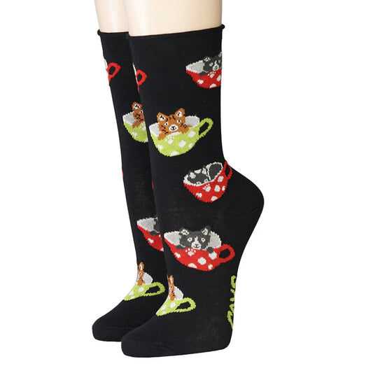 Socken Cats in Cups Schwarz Rollrand Baumwolle Damen Socken