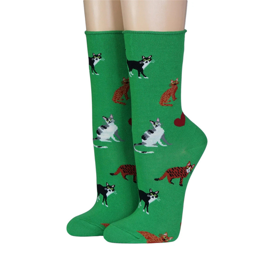 Socken mit Katzen Grün Rollrand Baumwolle für Katzenfans Socken
