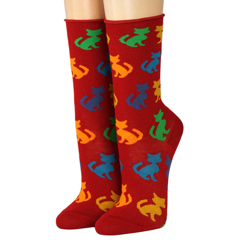 Socken mit Katzen Rot Rollrand Baumwolle für Katzenfans Socken