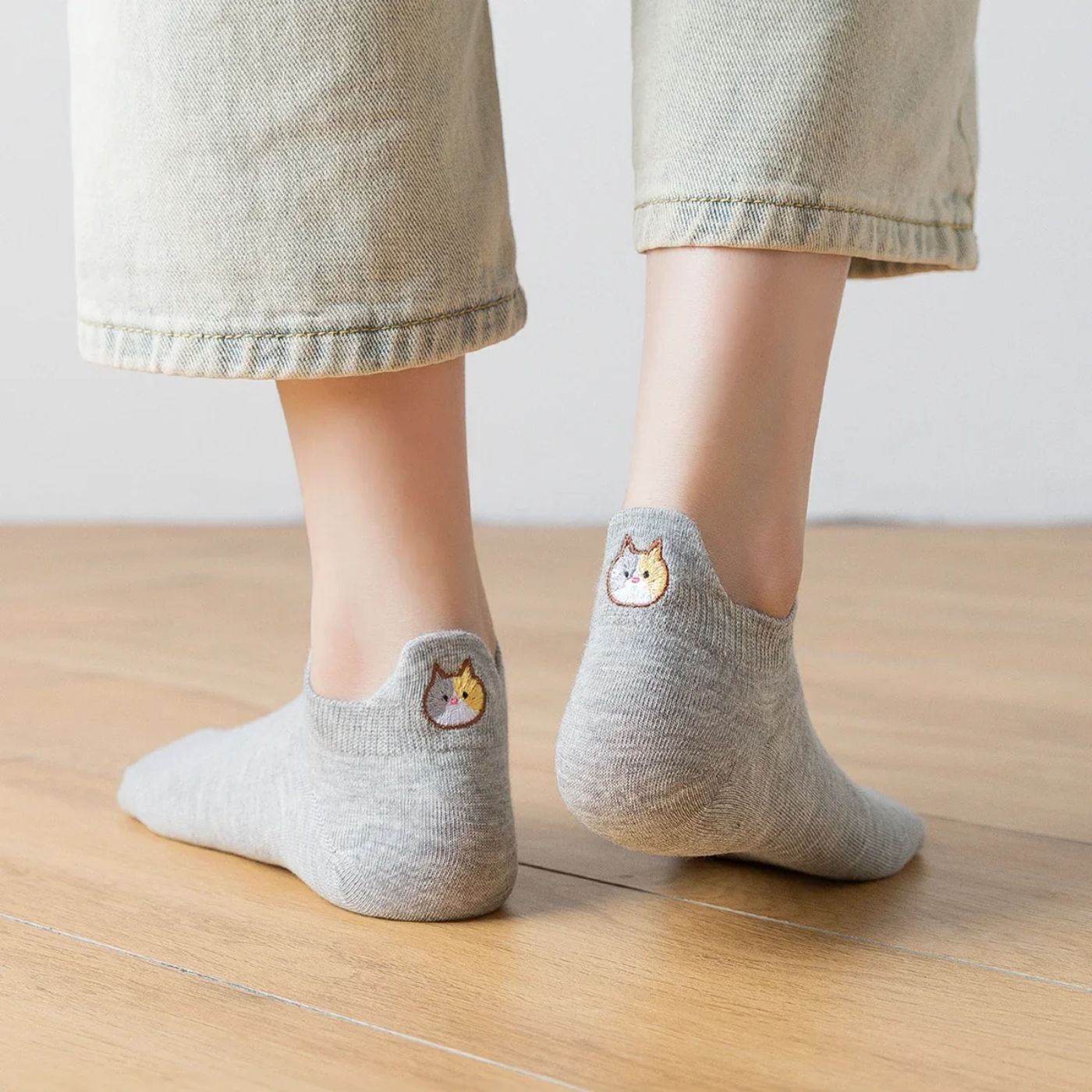 5er-Set Katzensocken mit gesticktem Katzengesicht
