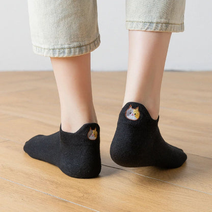 5er-Set Katzensocken mit gesticktem Katzengesicht