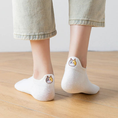 5er-Set Katzensocken mit gesticktem Katzengesicht