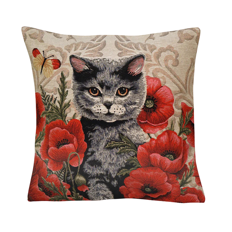 Kissenhülle British Kurzhaar Katze Mohnfeld 45x45 cm Gobelin Kissenhülle