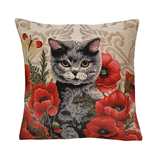 Kissenhülle British Kurzhaar Katze Mohnfeld 45x45 cm Gobelin Kissenhülle