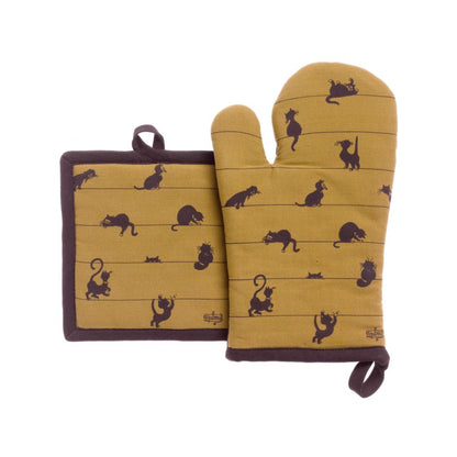 Topflappen und Handschuh beige - Dubout-Katzen Topflappen