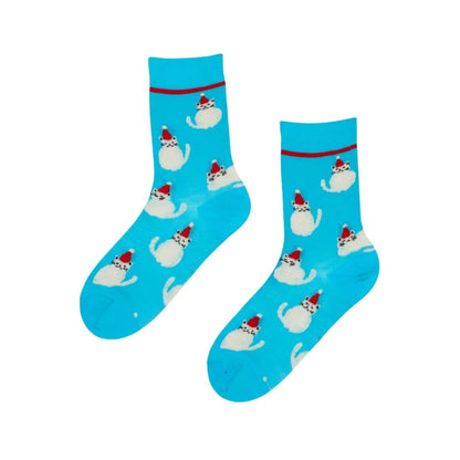 blaue Weihnachtssocken aus Merinowolle mit weißen Katzen
