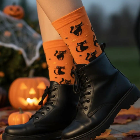 Halloween Socken mit schwarzen Katzen - orange