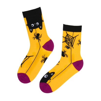 Halloween Socken mit schwarzer Katze und Spinnen - gelb