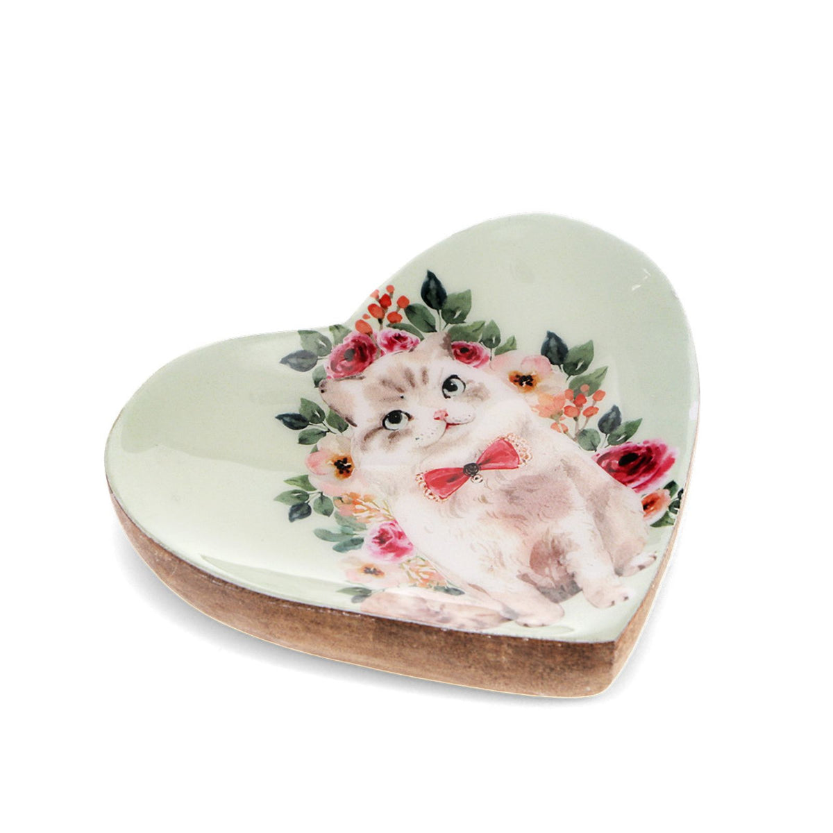 kleine Holzschale in Herzform mit Katze