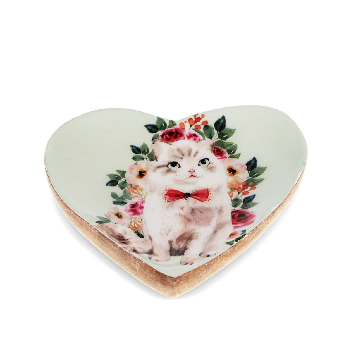 kleine Holzschale in Herzform mit Katze