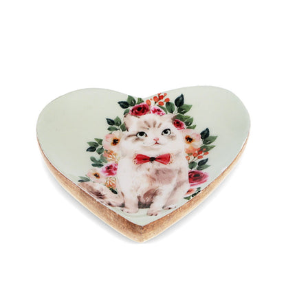 kleine Holzschale in Herzform mit Katze