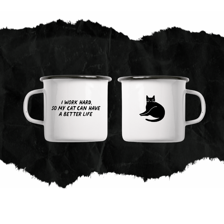 Emaille Tasse Katzenmotiv – Schwarz weiße Emailletasse mit Charakter Teetasse
