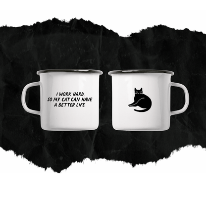 Emaille Tasse Katzenmotiv – Schwarz weiße Emailletasse mit Charakter Teetasse