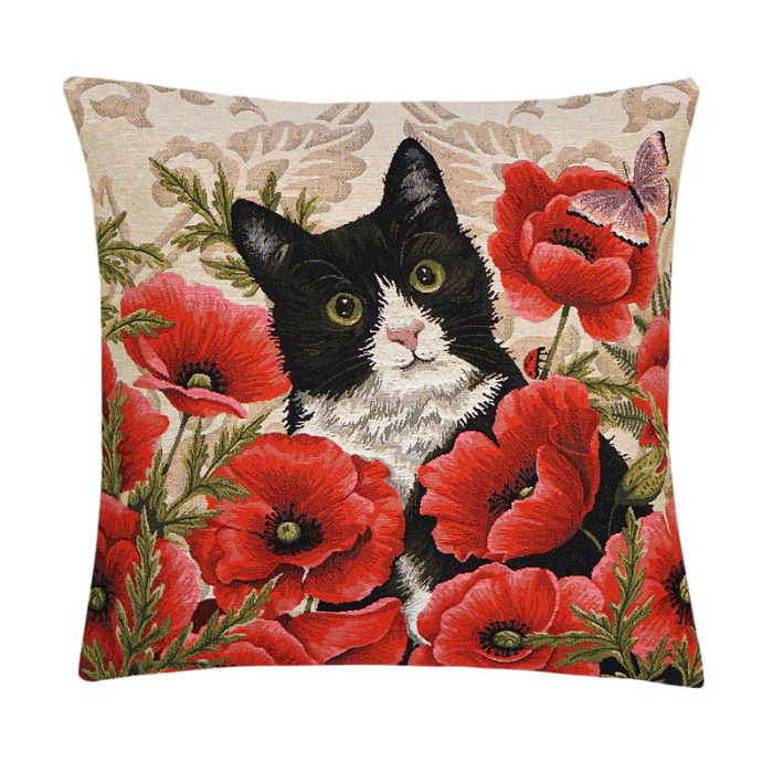 Kissenhülle Katze im Mohnfeld 45x45 cm Gobelin Baumwolle Kissenhülle